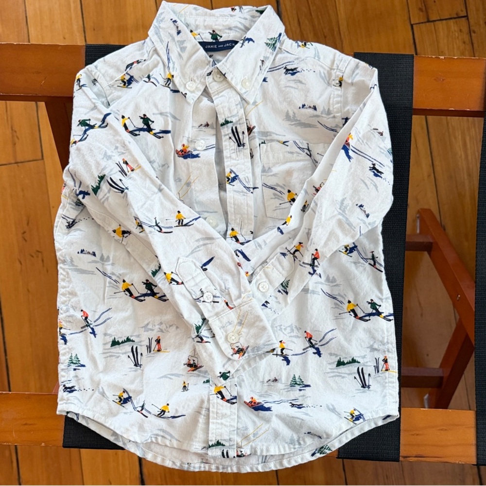White Button-Down Ski Print Shirt
